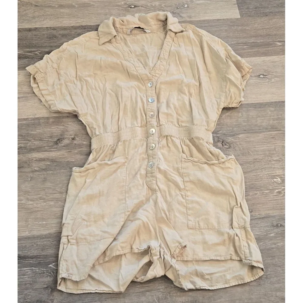 Zara Women's size small khaki playsuit romper with pockets linen blend